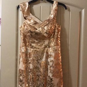 Gold damask sequin gown off the shoulder